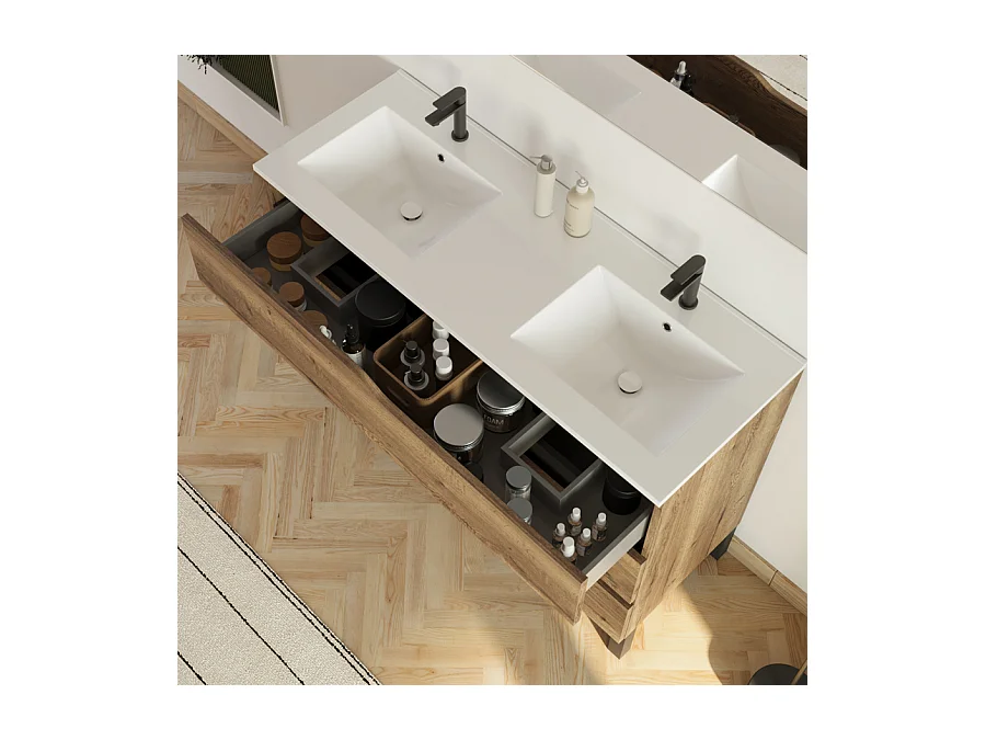 Meuble de salle de bain 120cm avec plan double vasque - 3 tiroirs - sans miroir - tabaco (chêne foncé) - MATA