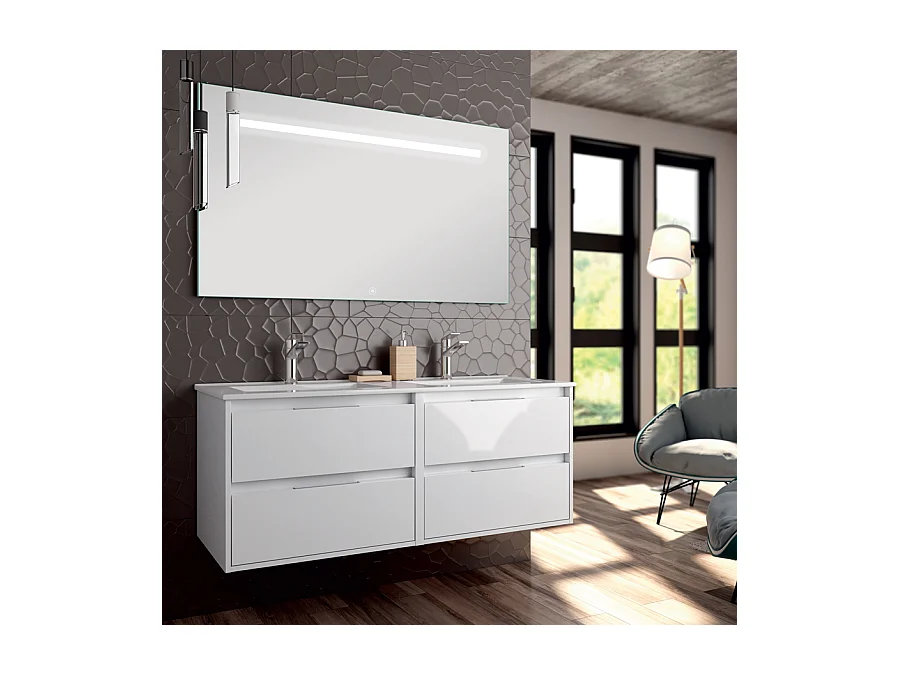 Meuble de salle de bain double vasque - 4 tiroirs - IRIS et miroir Led STAM - blanc - 120cm