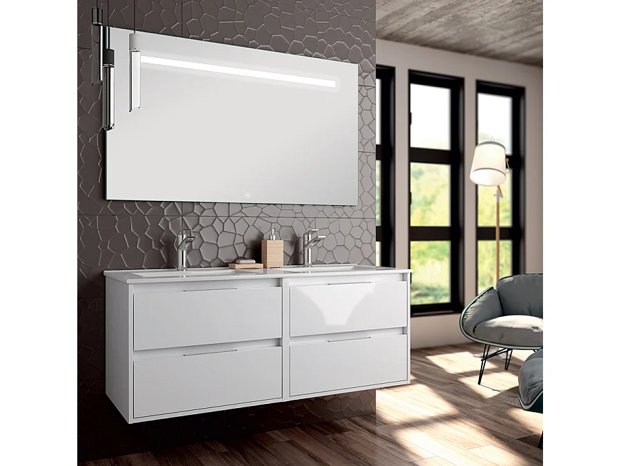 Meuble de salle de bain double vasque - 4 tiroirs - IRIS et miroir Led STAM - blanc - 120cm