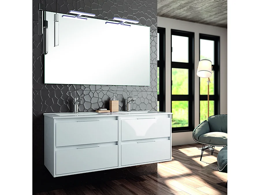 Meuble de salle de bain double vasque - 4 tiroirs - IRIS et miroir Led STAM - blanc - 120cm