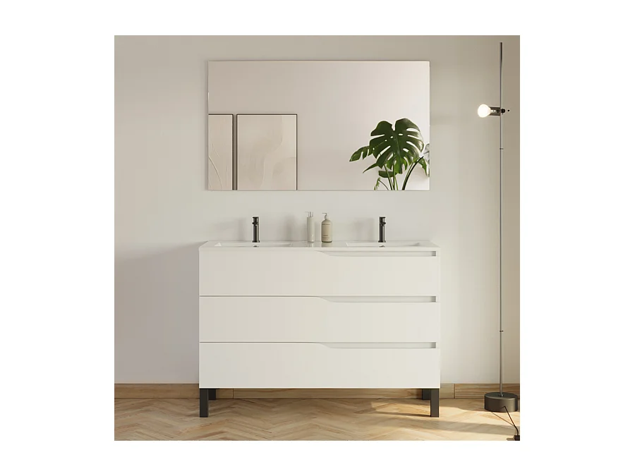 Meuble de salle de bain 120cm avec plan double vasque - 3 tiroirs - blanc - MATA