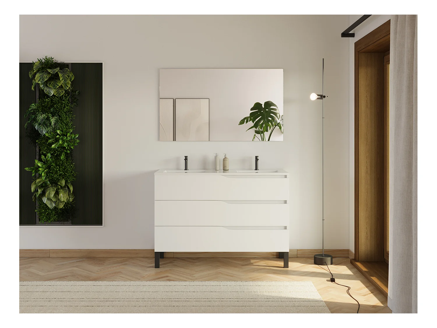 Meuble de salle de bain 120cm avec plan double vasque - 3 tiroirs - blanc - MATA