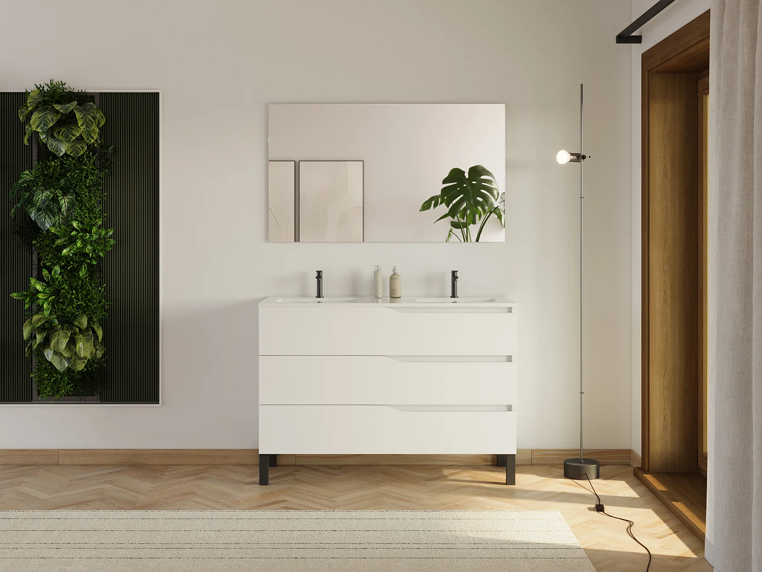 Meuble de salle de bain 120cm avec plan double vasque - 3 tiroirs - blanc - MATA