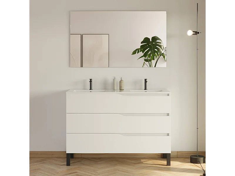 Meuble de salle de bain 120cm avec plan double vasque - 3 tiroirs - blanc - MATA