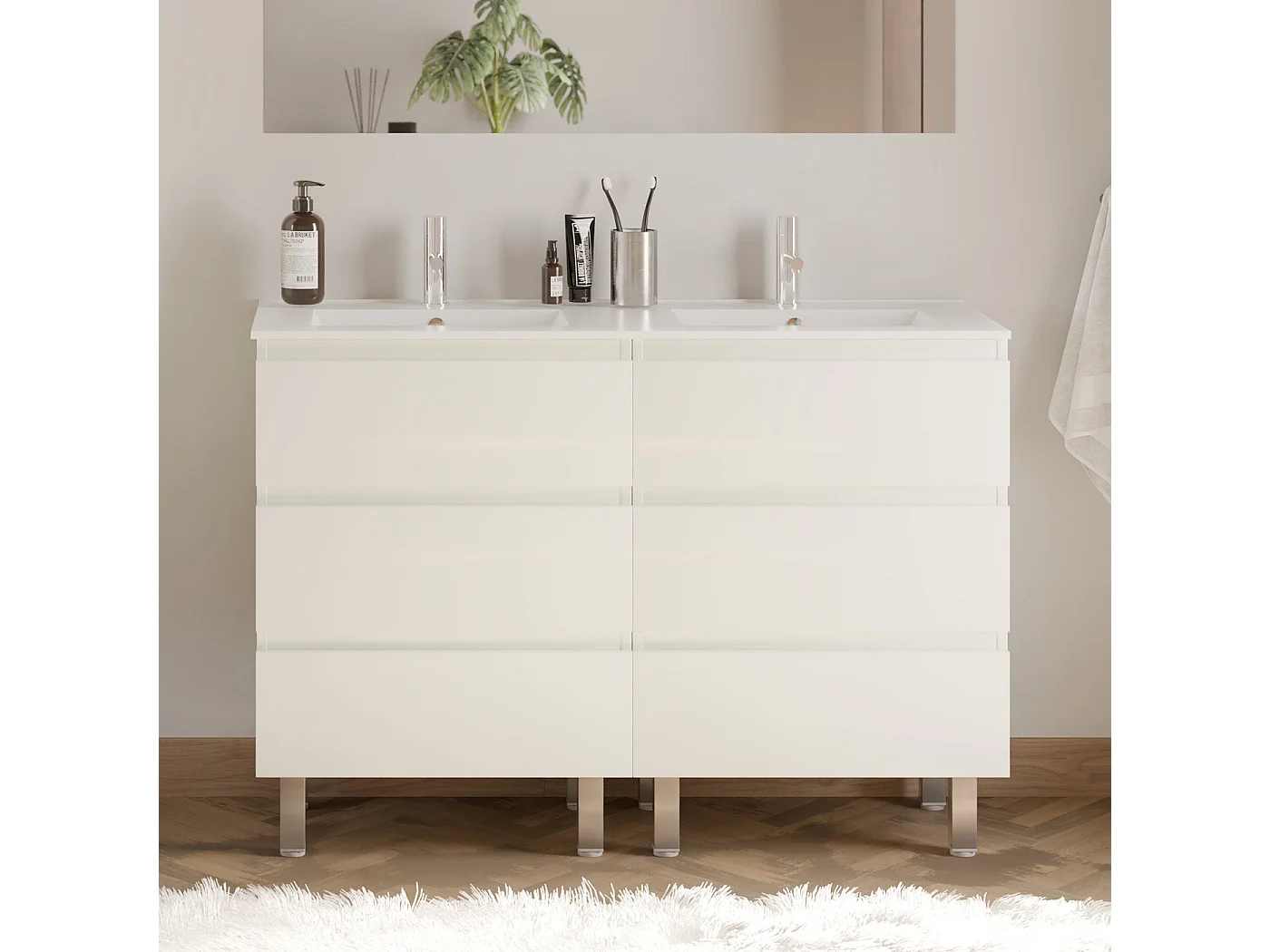 Meuble de salle de bain 120cm double vasque - sans miroir - 6 tiroirs - blanc - MAYOR