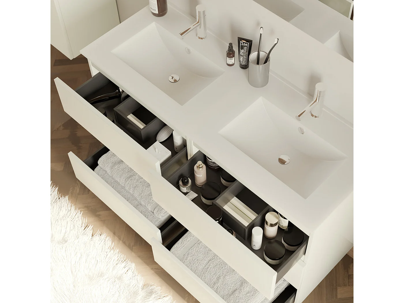 Meuble de salle de bain 120cm double vasque - sans miroir - 6 tiroirs - blanc - MAYOR