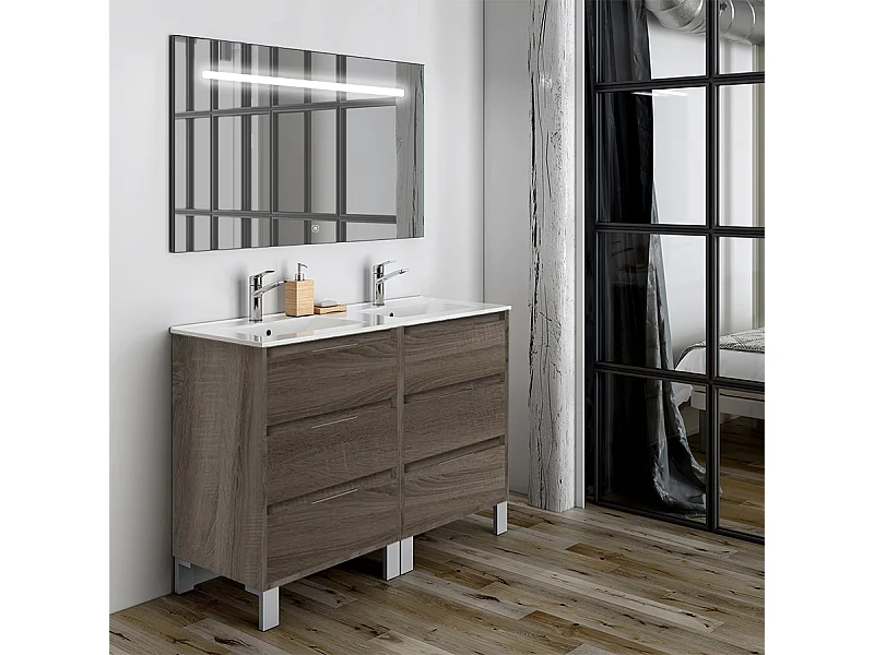 Meuble de salle de bain double vasque - 6 tiroirs - TIRIS 3C et miroir Led STAM - britannia (chêne foncé) - 120cm