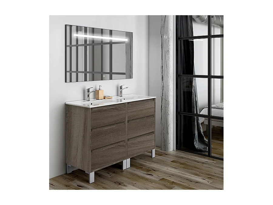 Meuble de salle de bain double vasque - 6 tiroirs - TIRIS 3C et miroir Led STAM - britannia (chêne foncé) - 120cm