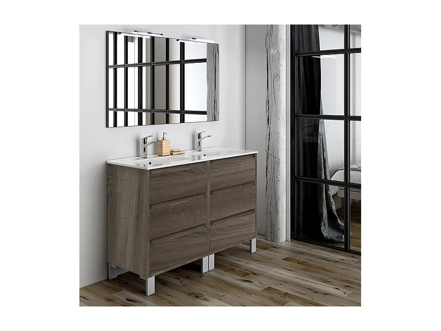 Meuble de salle de bain double vasque - 6 tiroirs - TIRIS 3C et miroir Led STAM - britannia (chêne foncé) - 120cm