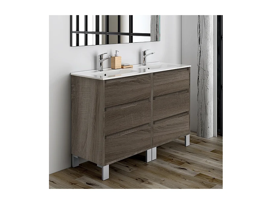 Meuble de salle de bain double vasque - 6 tiroirs - TIRIS 3C et miroir Led STAM - britannia (chêne foncé) - 120cm