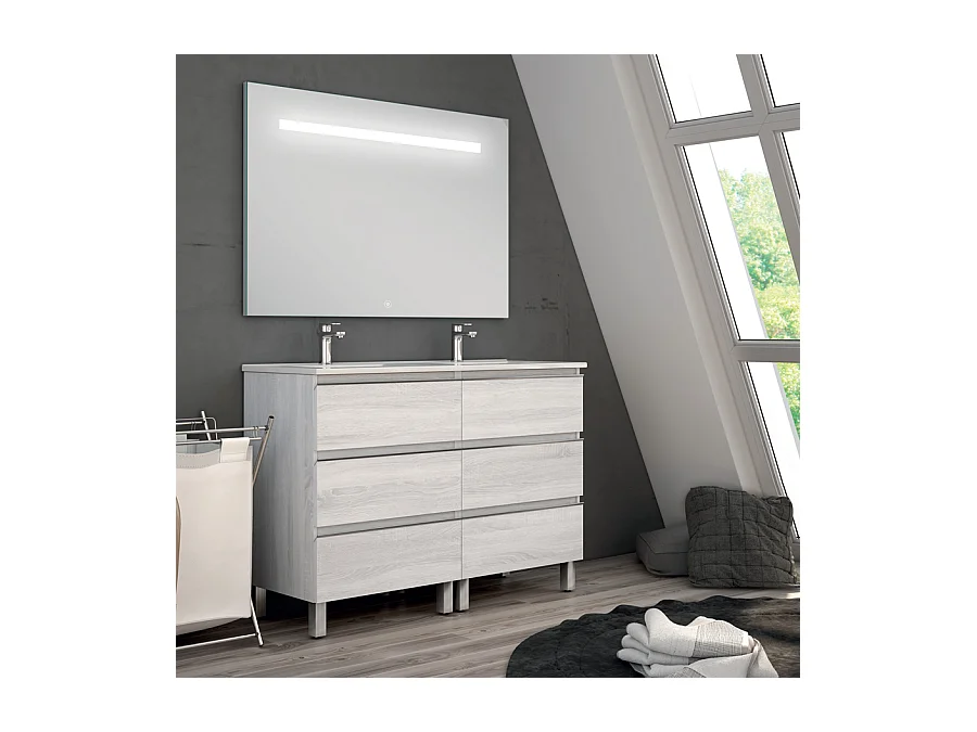 Meuble de salle de bain double vasque - 6 tiroirs - PALMA et miroir Led STAM - hibernian (bois blanchi) - 120cm