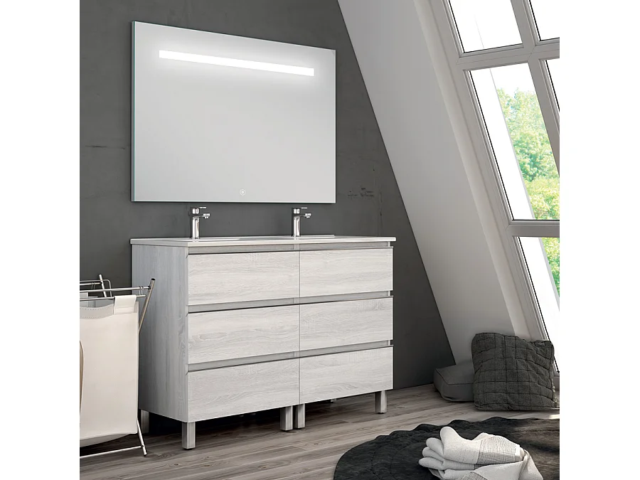 Meuble de salle de bain double vasque - 6 tiroirs - PALMA et miroir Led STAM - hibernian (bois blanchi) - 120cm