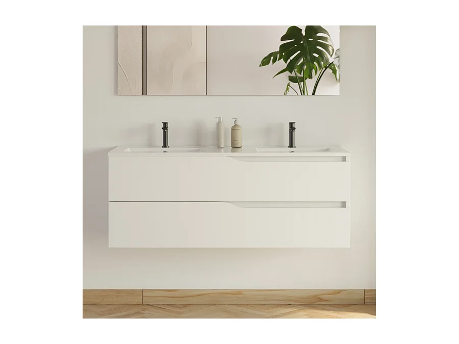 Meuble de salle de bain 120cm avec plan double vasque - 2 tiroirs - blanc - LUNA