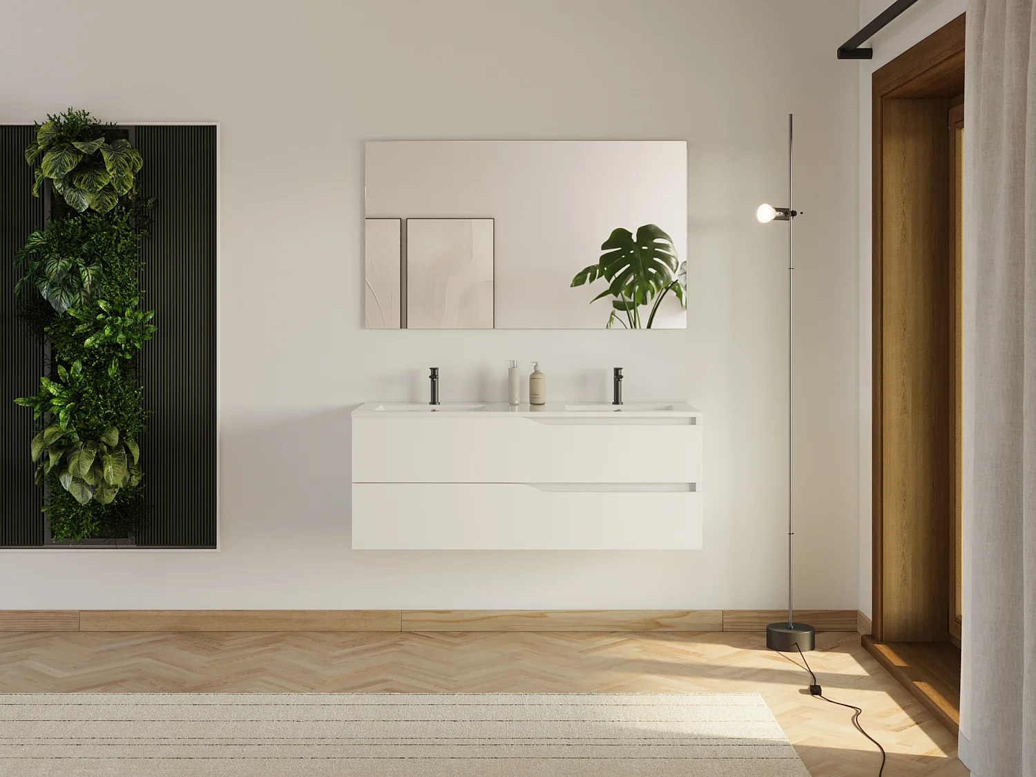 Meuble de salle de bain 120cm avec plan double vasque - 2 tiroirs - blanc - LUNA