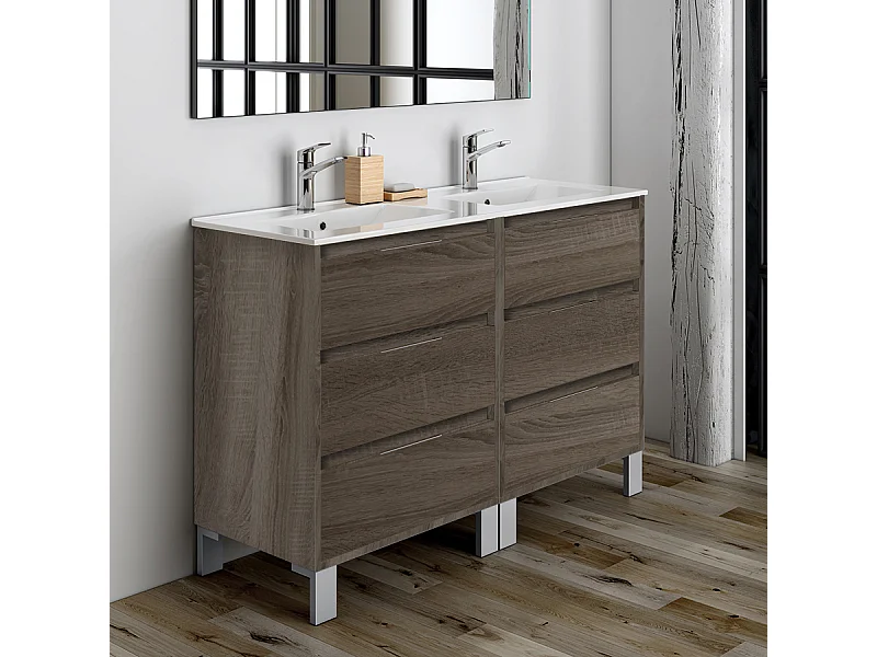 Meuble de salle de bain 120cm double vasque - 6 tiroirs - sans miroir - TIRIS 3C - britannia (chêne foncé)