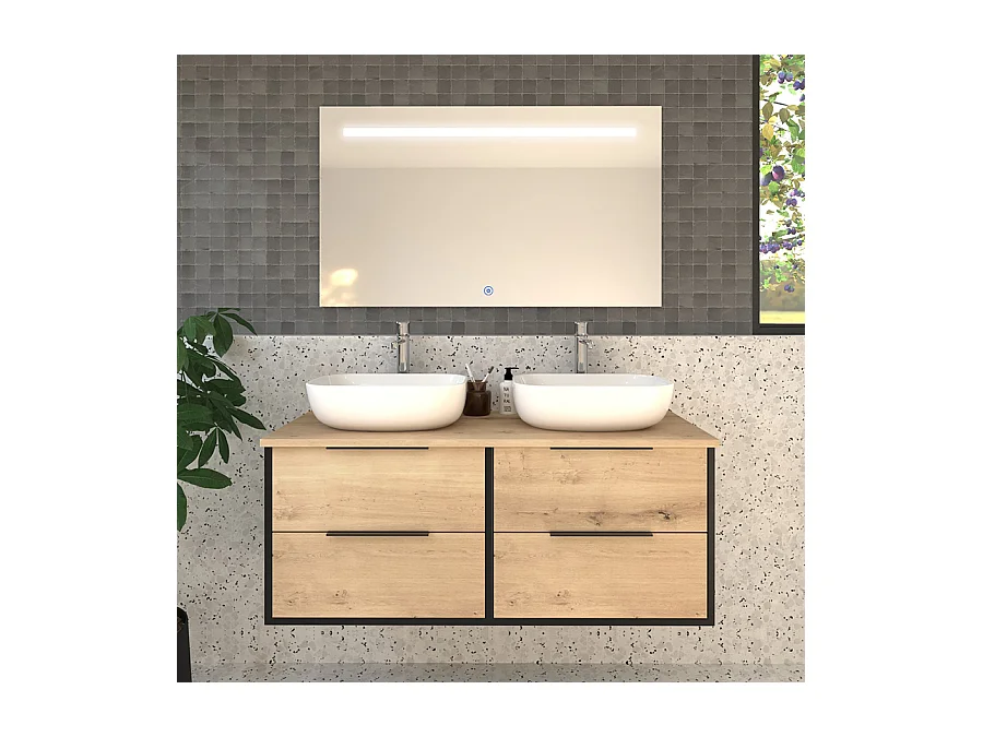 Meuble de salle de bain avec vasques à poser arrondies ALBA et miroir Led Stam - Noir - 120cm