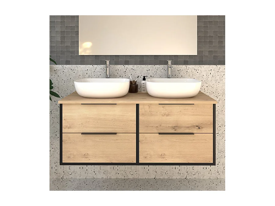 Meuble de salle de bain avec vasques à poser arrondies ALBA et miroir Led Stam - Noir - 120cm