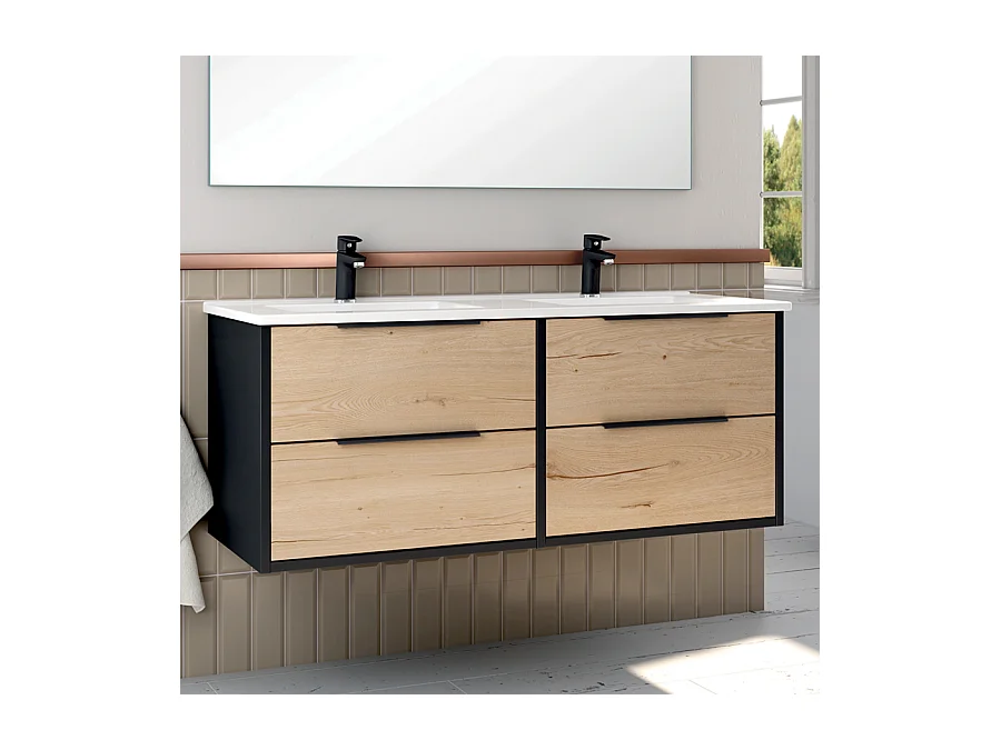 Meuble de salle de bain avec vasques à poser arrondies ALBA et miroir Led Stam - Noir - 120cm