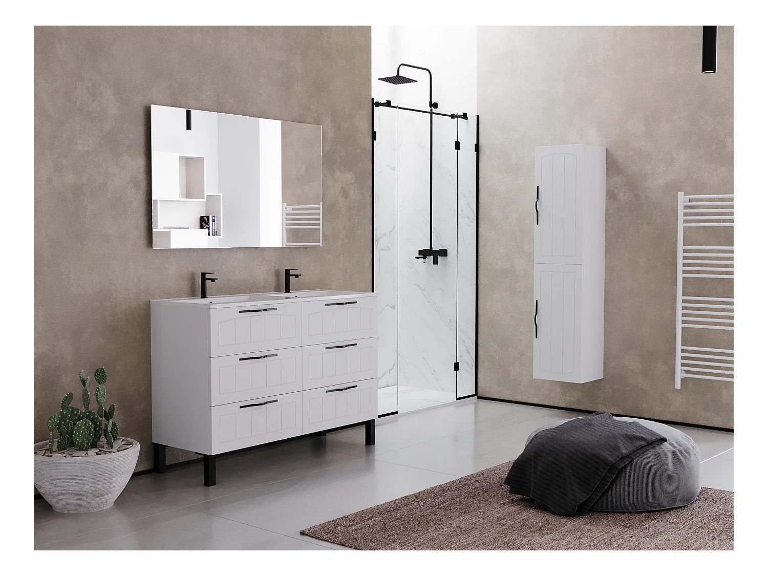 Meuble de salle de bain 140cm double vasque - 6 tiroirs - blanc - CALA