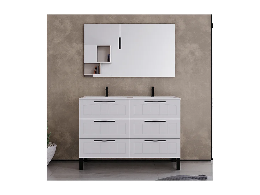 Meuble de salle de bain 140cm double vasque - 6 tiroirs - blanc - CALA