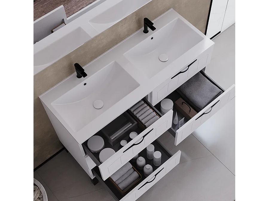 Meuble de salle de bain 140cm double vasque - 6 tiroirs - blanc - CALA