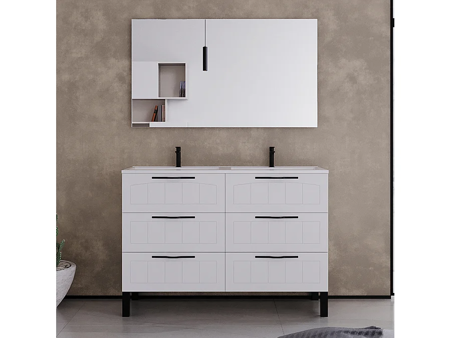 Meuble de salle de bain 140cm double vasque - 6 tiroirs - blanc - CALA