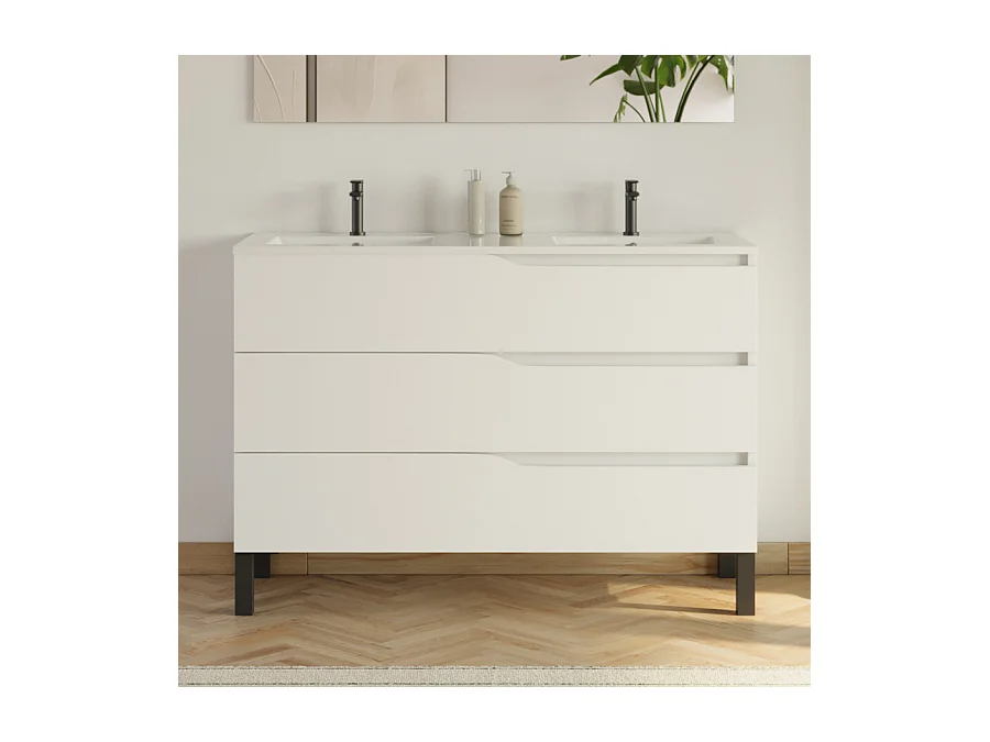 Meuble de salle de bain 120cm avec plan double vasque - 3 tiroirs - sans miroir - blanc - MATA