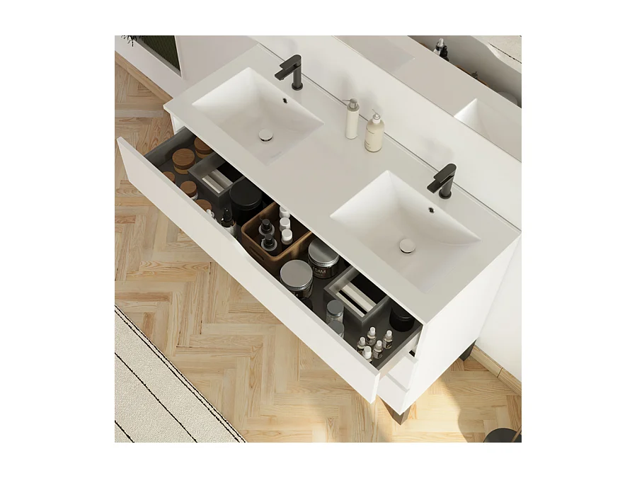 Meuble de salle de bain 120cm avec plan double vasque - 3 tiroirs - sans miroir - blanc - MATA