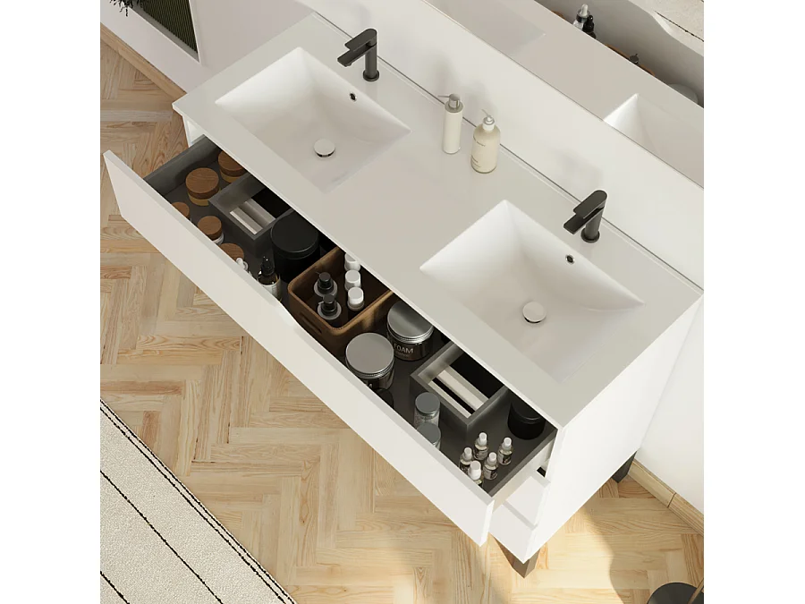 Meuble de salle de bain 120cm avec plan double vasque - 3 tiroirs - sans miroir - blanc - MATA