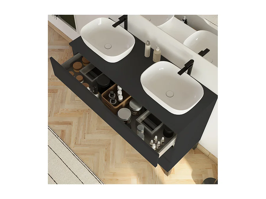 Meuble de salle de bain 120cm avec plateau et 2 vasques à poser Zeus - 3 tiroirs - sans miroir - noir - MATA