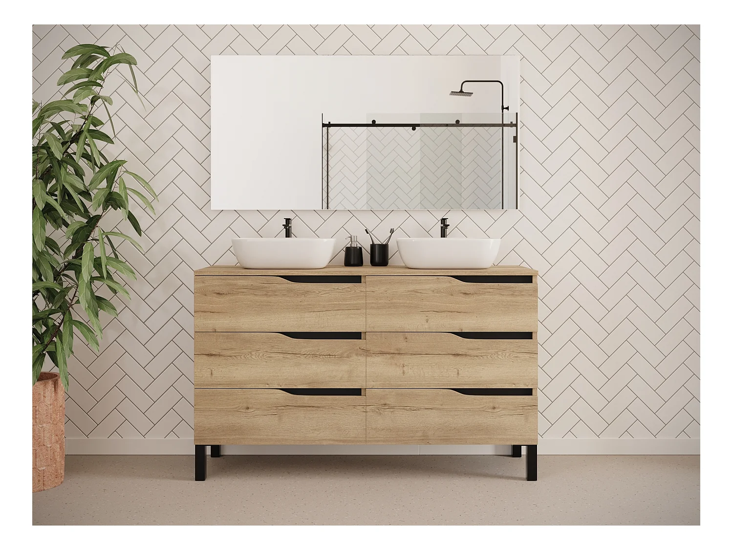 Meuble de salle de bain 140cm avec plateau et deux vasques à poser zeus - 6 tiroirs - sans miroir - madera miel (chêne clair) - MATA