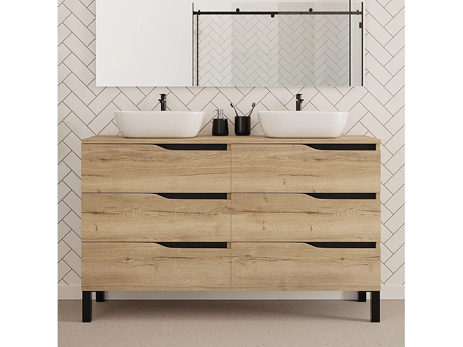 Meuble de salle de bain 140cm avec plateau et deux vasques à poser zeus - 6 tiroirs - sans miroir - madera miel (chêne clair) - MATA