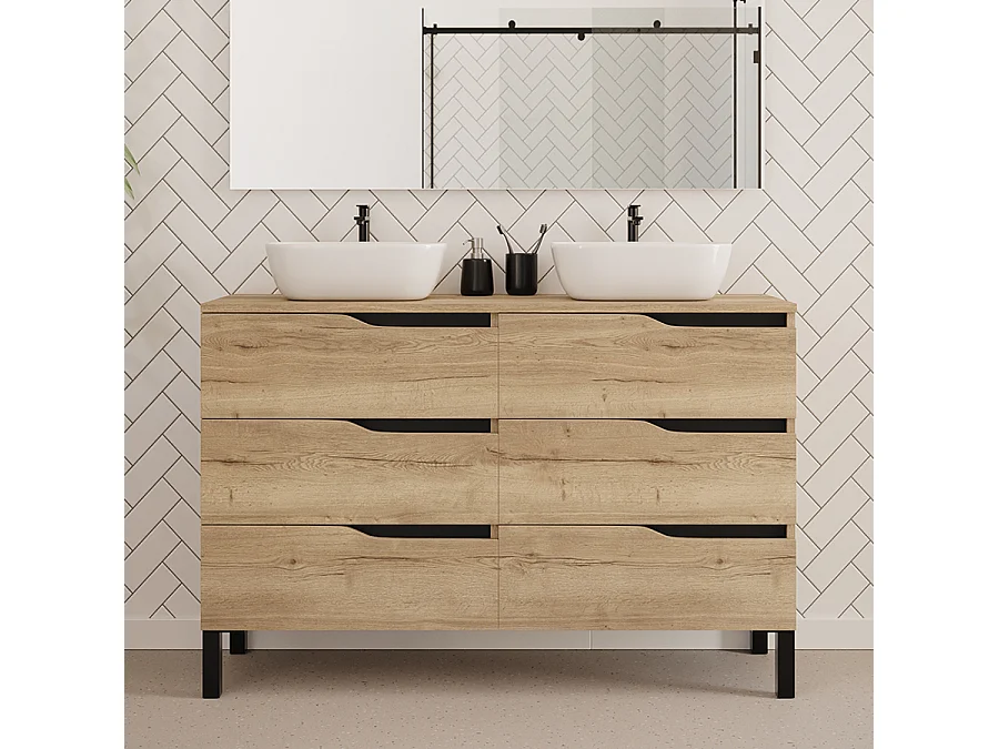 Meuble de salle de bain 140cm avec plateau et deux vasques à poser zeus - 6 tiroirs - sans miroir - madera miel (chêne clair) - MATA