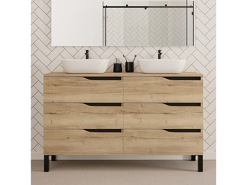 Meuble de salle de bain 140cm avec plateau et deux vasques à poser zeus - 6 tiroirs - sans miroir - madera miel (chêne clair) - MATA