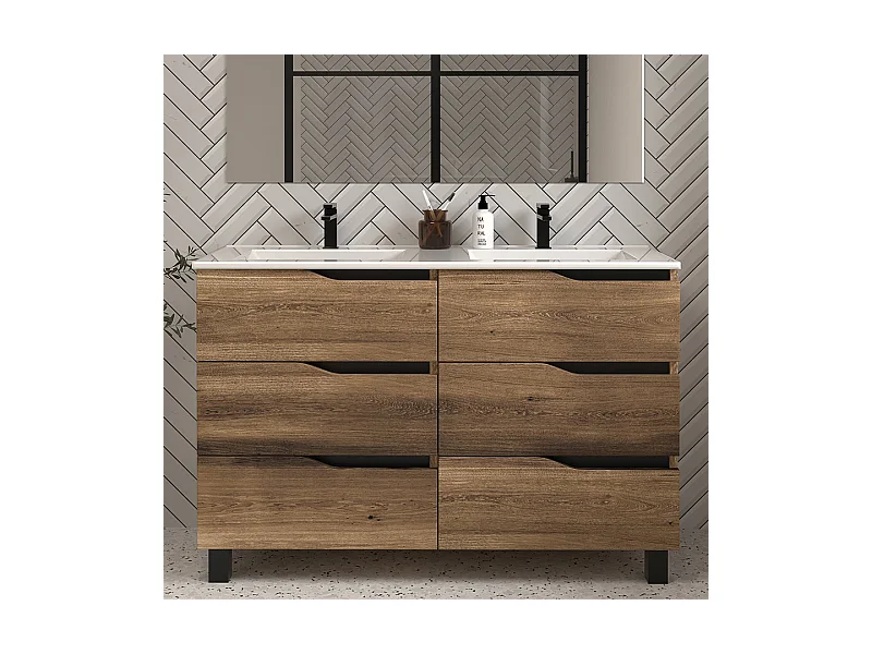 Meuble de salle de bain 120cm double vasque - sans miroir - 6 tiroirs - tabaco (bois foncé) - MATA