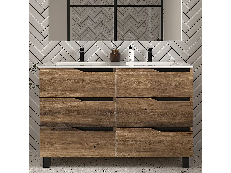 Meuble de salle de bain 120cm double vasque - sans miroir - 6 tiroirs - tabaco (bois foncé) - MATA