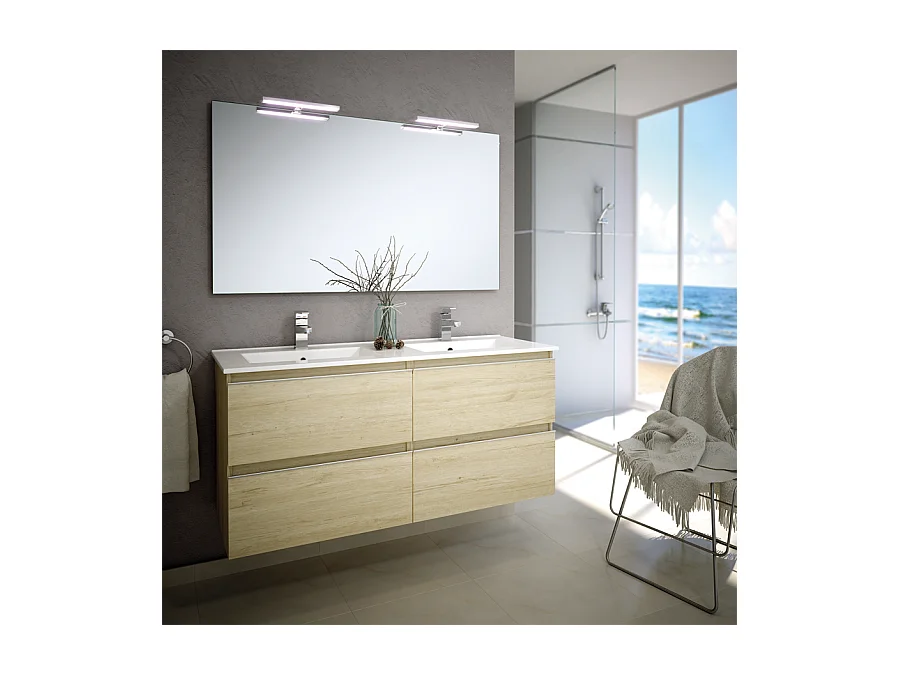 Meuble de salle de bain 140cm double vasque - 4 tiroirs - BALEA - bambou (chêne clair)
