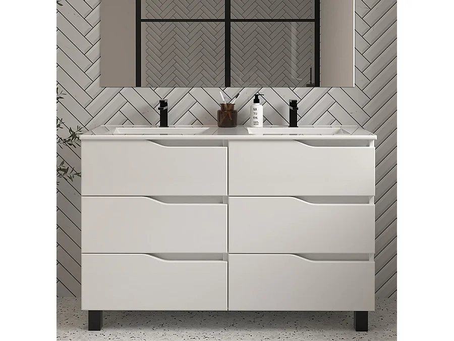 Meuble de salle de bain 120cm double vasque - sans miroir - 6 tiroirs - blanc - MATA