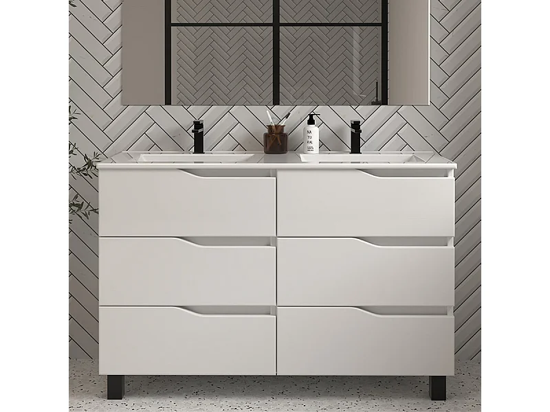 Meuble de salle de bain 120cm double vasque - sans miroir - 6 tiroirs - blanc - MATA