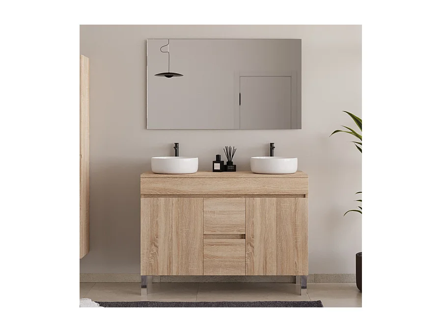 Meuble de salle de bain 120cm sur pieds avec plateau et deux cuves à poser rondes - portes et tiroirs - cambrian (chêne clair) - HARO