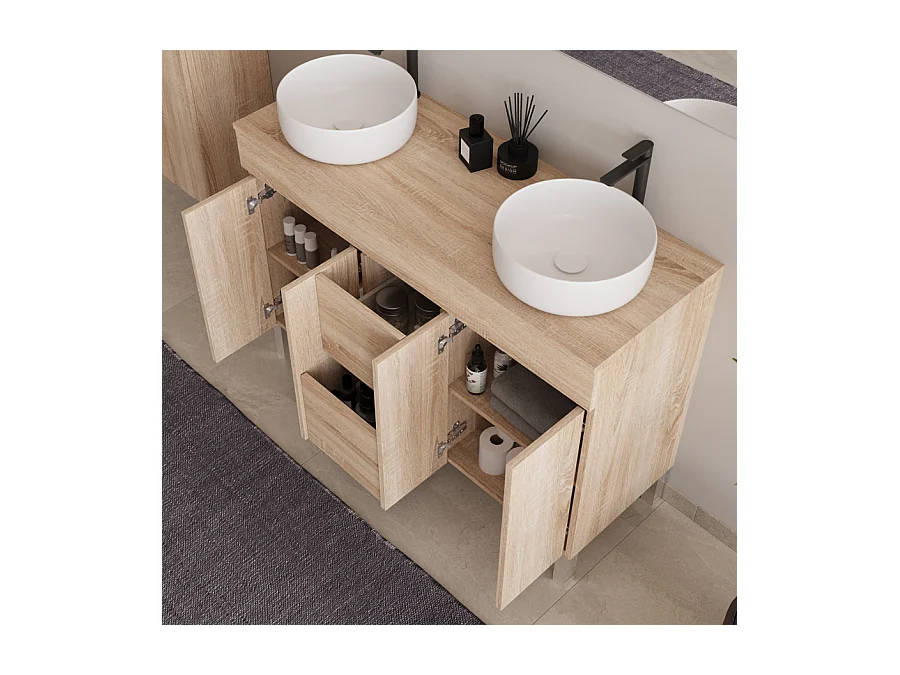 Meuble de salle de bain 120cm sur pieds avec plateau et deux cuves à poser rondes - portes et tiroirs - cambrian (chêne clair) - HARO