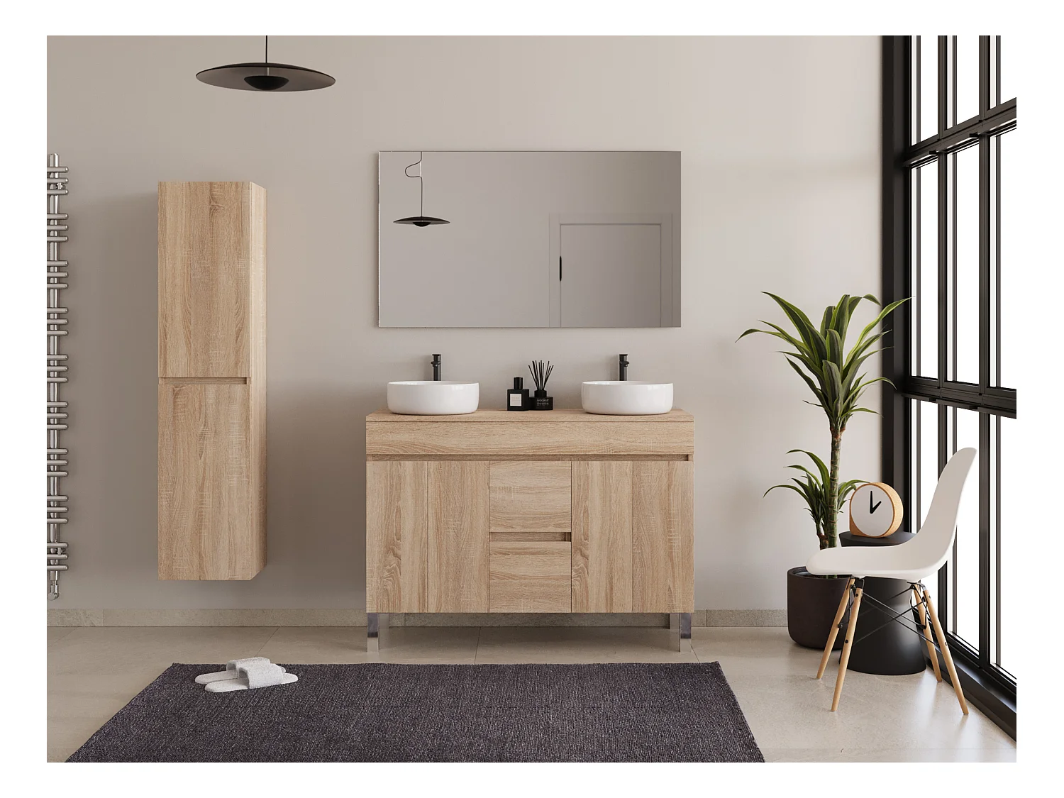 Meuble de salle de bain 120cm sur pieds avec plateau et deux cuves à poser rondes - portes et tiroirs - cambrian (chêne clair) - HARO