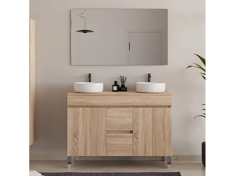 Meuble de salle de bain 120cm sur pieds avec plateau et deux cuves à poser rondes - portes et tiroirs - cambrian (chêne clair) - HARO