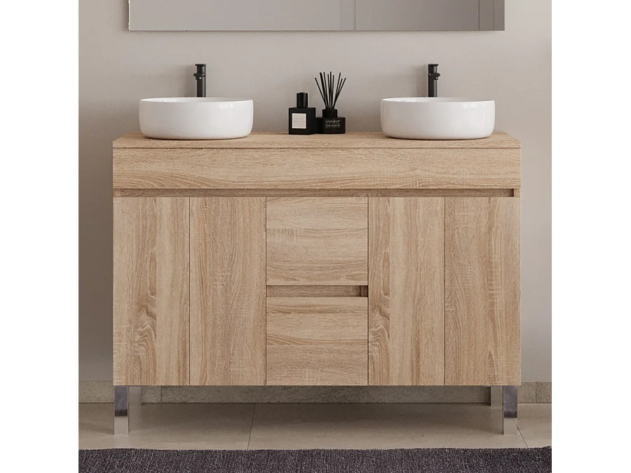 Meuble de salle de bain 120cm sur pieds avec plateau et deux cuves à poser rondes - portes et tiroirs - cambrian (chêne clair) - HARO