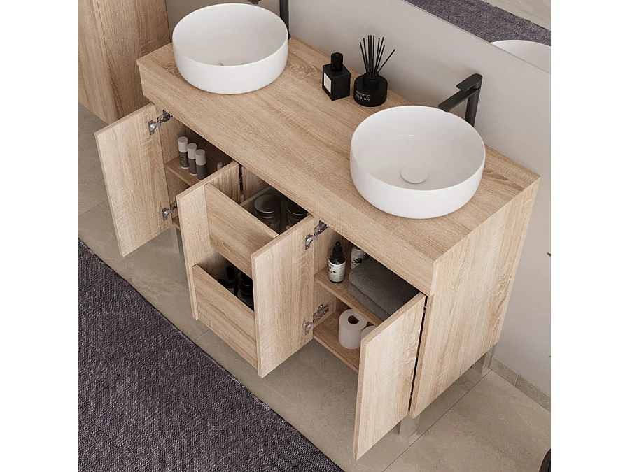 Meuble de salle de bain 120cm sur pieds avec plateau et deux cuves à poser rondes - portes et tiroirs - cambrian (chêne clair) - HARO