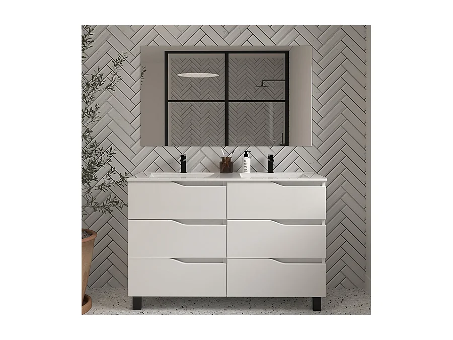 Meuble de salle de bain 140cm double vasque - 6 tiroirs - blanc - MATA