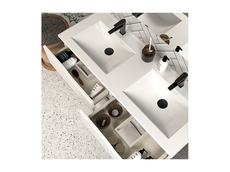 Meuble de salle de bain 140cm double vasque - 6 tiroirs - blanc - MATA