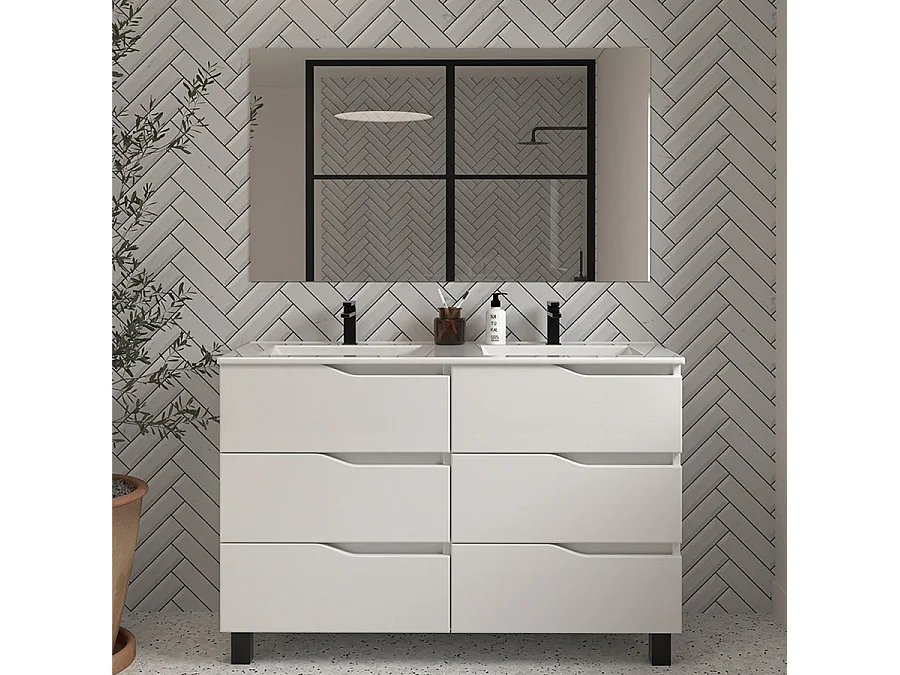 Meuble de salle de bain 140cm double vasque - 6 tiroirs - blanc - MATA