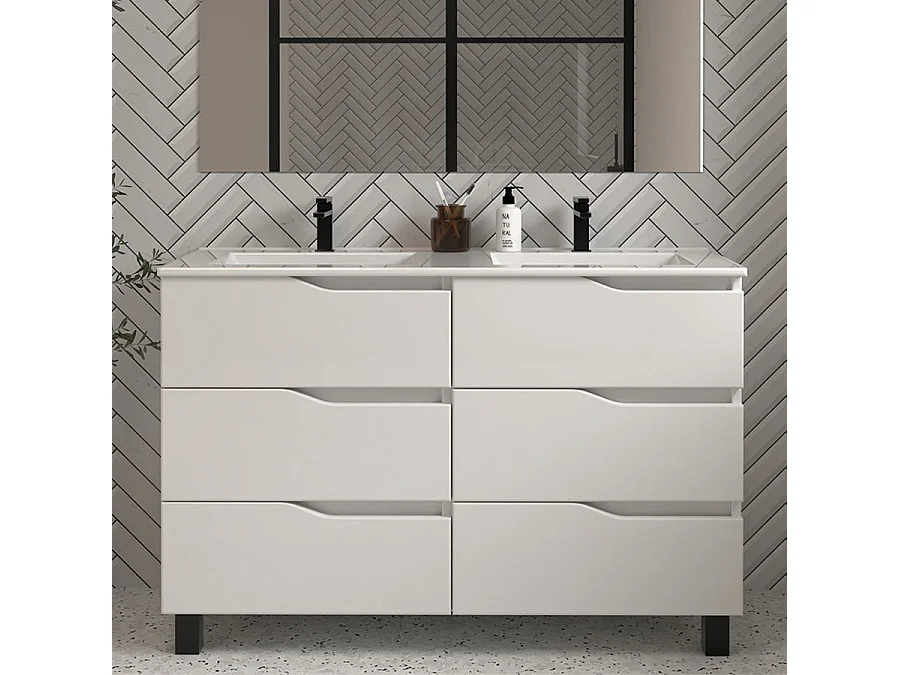Meuble de salle de bain 140cm double vasque - 6 tiroirs - blanc - MATA