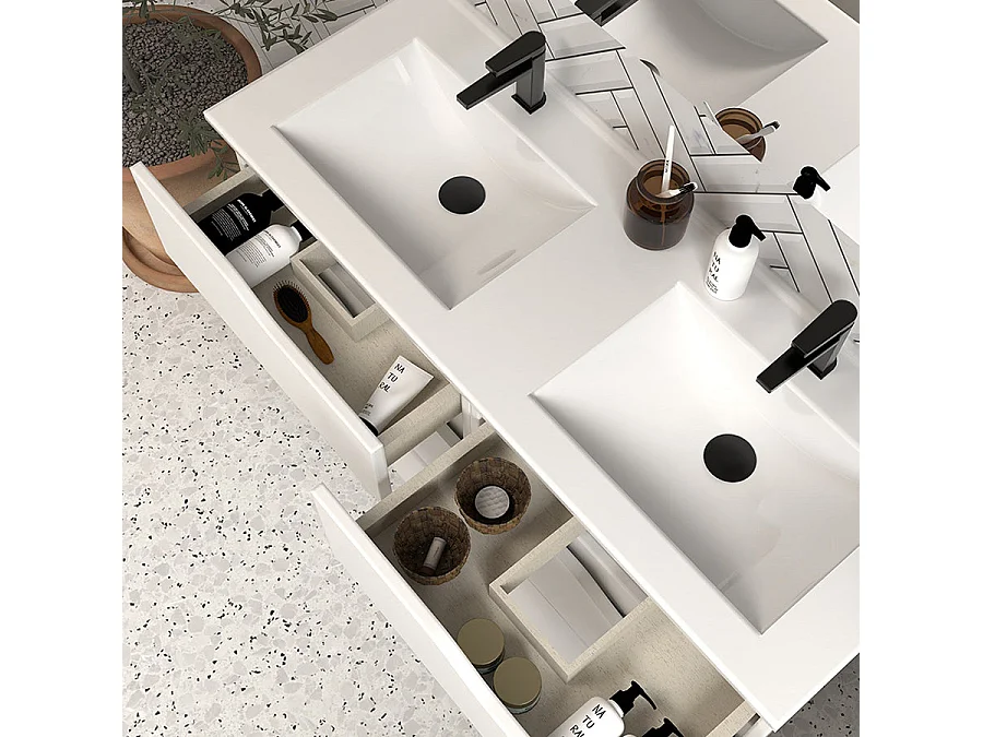 Meuble de salle de bain 140cm double vasque - 6 tiroirs - blanc - MATA